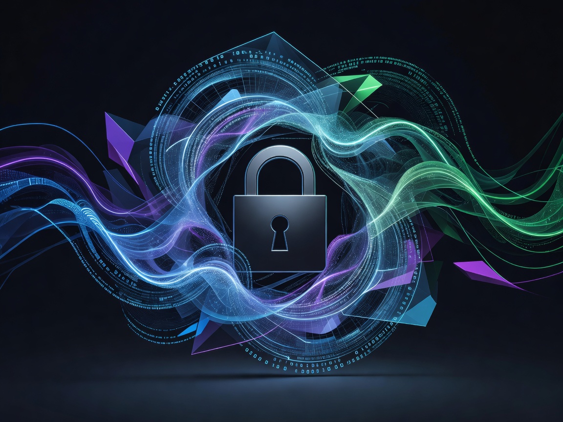 Abstract representation of digital encryption over a locked padlock icon