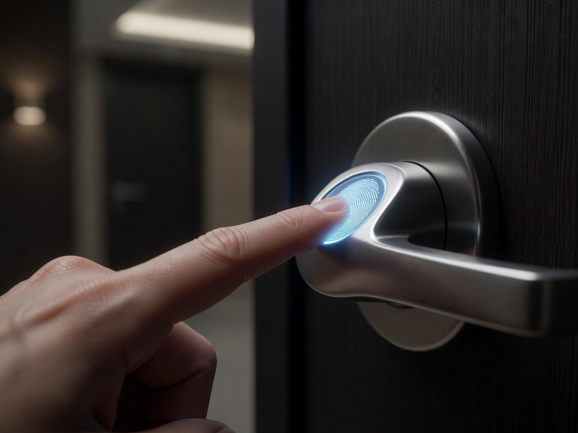 Finger pressing onto a glowing fingerprint scanner on a door handle