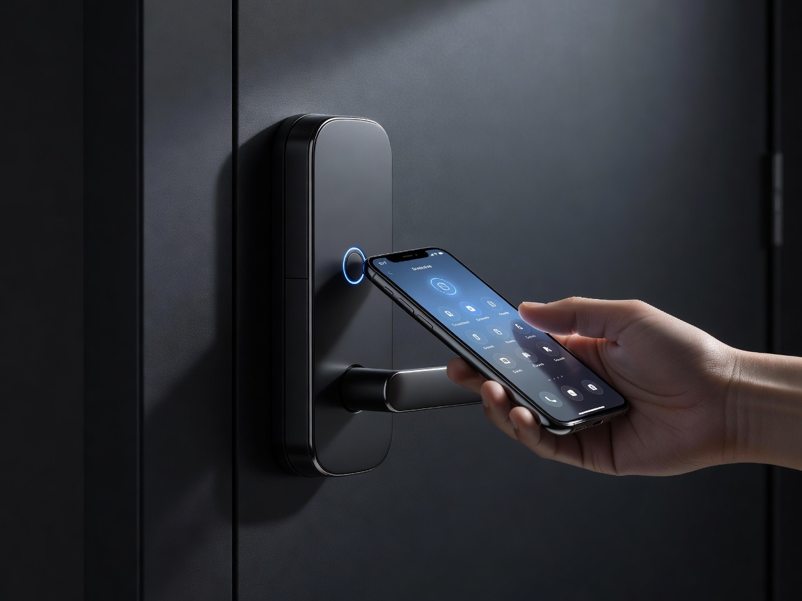 Smartphone held near a modern dark door lock