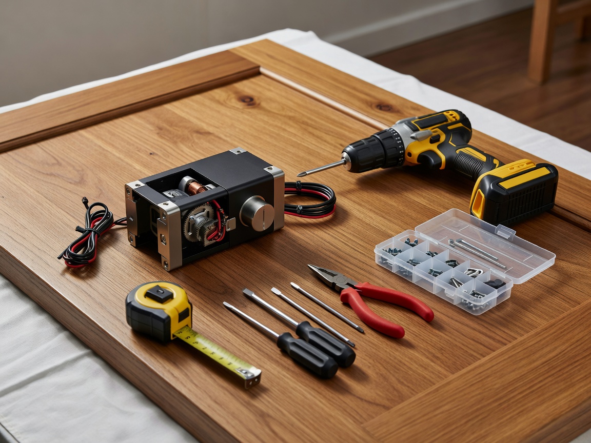 Tools and a smart lock motor unit ready for installation on a wooden door